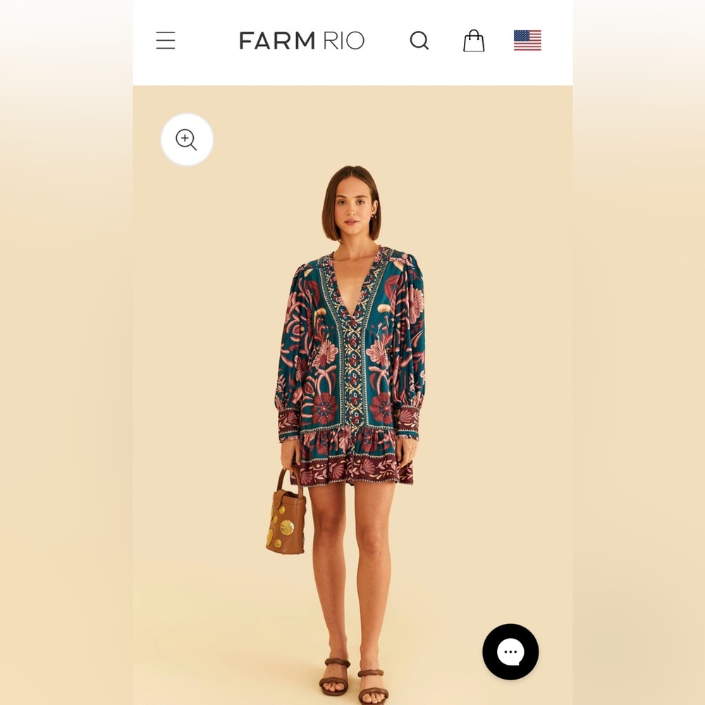 NWT FarmRio Teal Seashell Tapestry Lenzing Ecovero Viscose Mini Dress